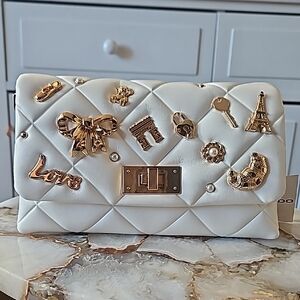 Aldo White Quilted Clutch with Gold Charms